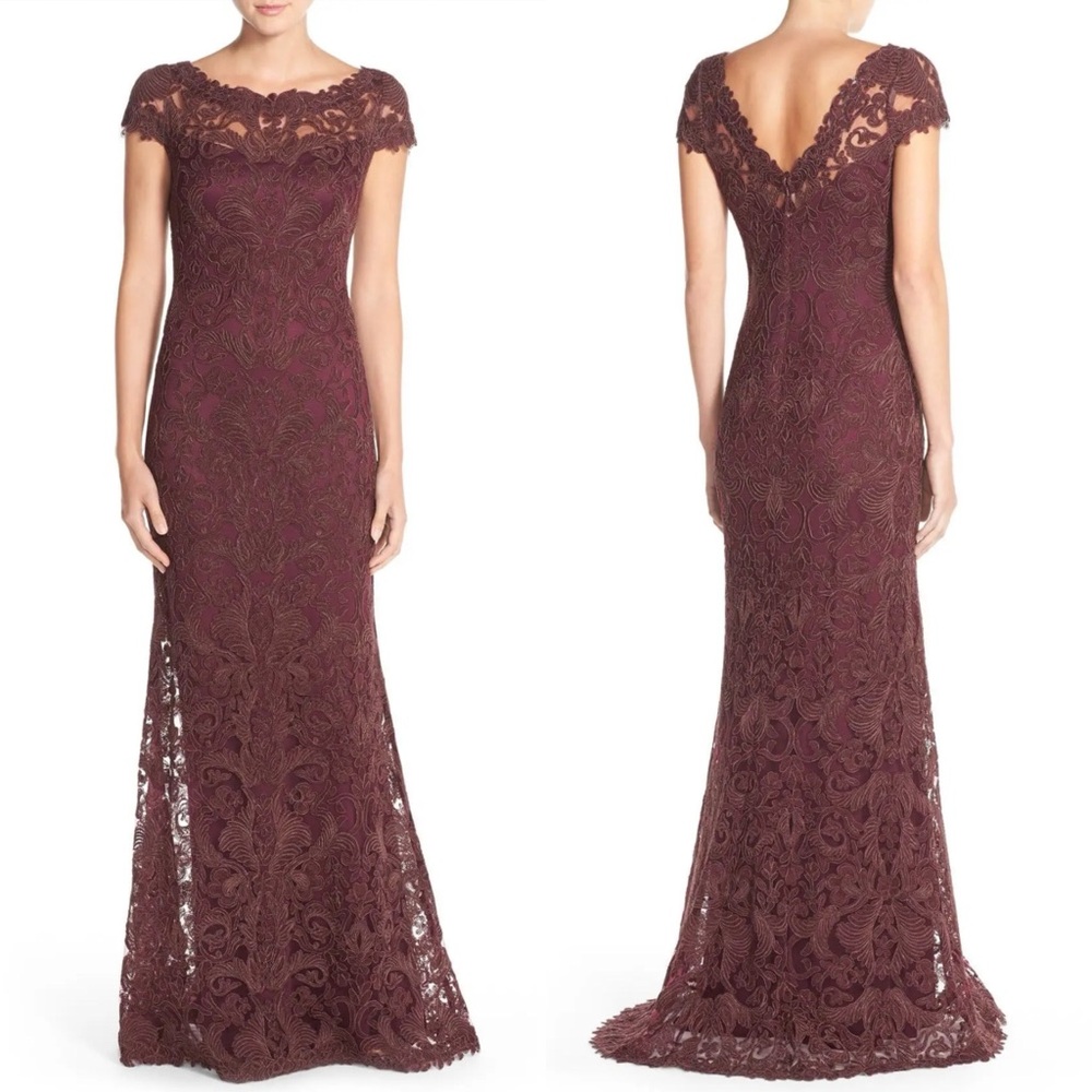 TADASHI SHOJI Illusion Yoke Gown Blackberry Burgundy size 2